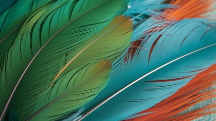 Background with feathers in green, turquoise and orange