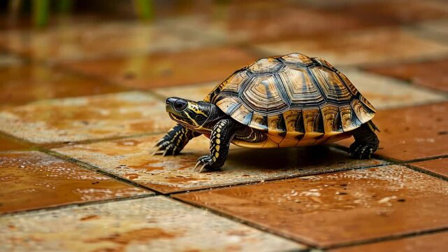 Small turtle ambles across a tile floor, its shell glinting in the ambient light, Ai Generated.