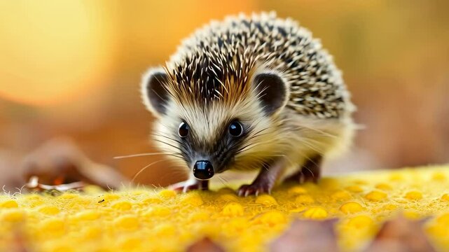 Cute hedgehog stands on a yellow surface, its spiky form contrasting with the bright background, Ai Generated.