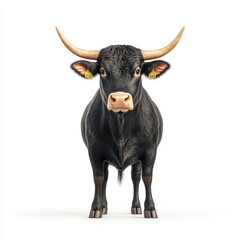 A striking black Angus cow standing confidently, showcasing its powerful physique and majestic horns against a white background.
