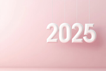 Floating numbers 2025 in white against soft pastel pink background, creating modern and minimalistic aesthetic
