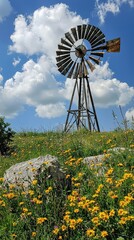 Vintage Windmill Surrounded by Vibrant Wildflowers Under Blue Sky