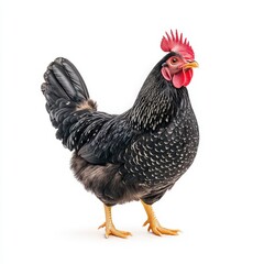 Fototapeta premium A striking black Sussex chicken stands proudly, showcasing vibrant feathers and a vivid red comb, symbolizing farm life and poultry diversity.