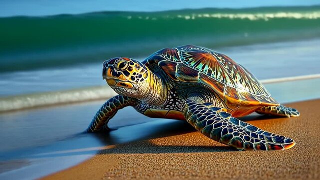 Wise old turtle moves slowly, its ancient shell carrying the wisdom of ages, Ai Generated.