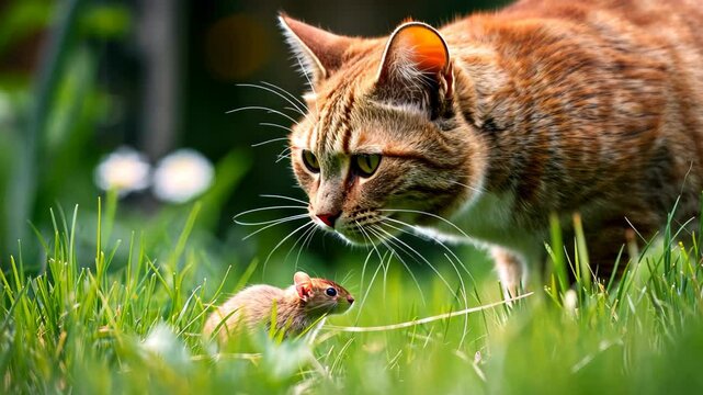 Cat chases a little mouse in tall grass outside, a classic garden scene, Ai Generated.