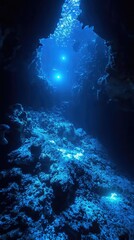 Underwater Cave with Blue Light Reflection and Coral Reefs