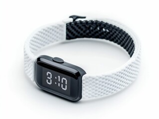 Closeup of a sleek  modern fitness tracker device with a digital display  isolated on a white background  This high tech athletic accessory is designed for health  wellness