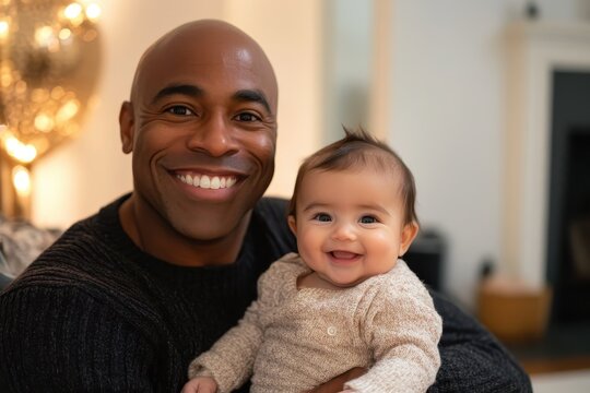 Biracial infant grinning at the camera while African American father beams