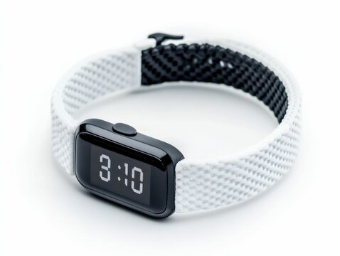 Closeup of a sleek  modern fitness tracker device with a digital display  isolated on a white background  This high tech athletic accessory is designed for health  wellness