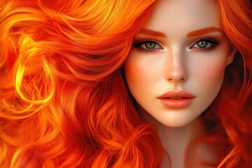 Obraz premium Close up of vibrant red hair Long wavy orange locks Exquisitely styled shiny curls Bright hair coloring and extensions