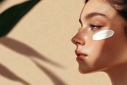 Close up of a young woman putting cream on her under eye area against a beige backdrop Room for text