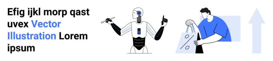 Human and AI robot working together on a project, showcasing teamwork and innovation. Ideal for technology, AI, future of work, design collaboration, creativity, human-machine interaction