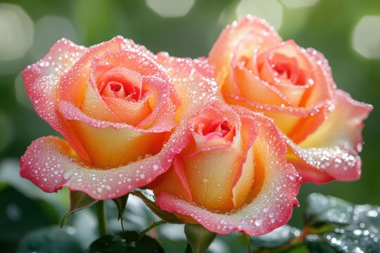 Peach and pink roses with dew drops in natural light.