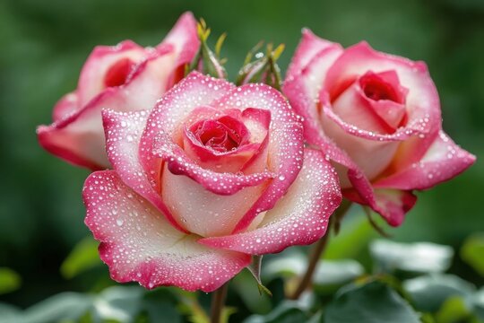 Close-up of pink roses with dew drops.