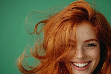 Fototapeta premium Image of a cheerful woman with bright ginger hair covering her face against a green backdrop