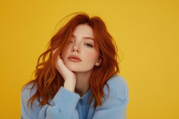 Fototapeta premium Image of a young cheerful woman with red hair in a blue pullover touching her chin lost in thought against a yellow background