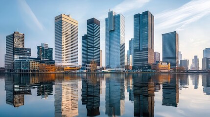 Obraz premium Modern Urban Skyline Reflection on Water at Sunset in City