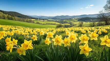 Field of blooming daffodils under a blue sky.