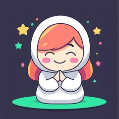 Naklejka premium Cute Girl in Hooded Outfit Praying Underneath Stars