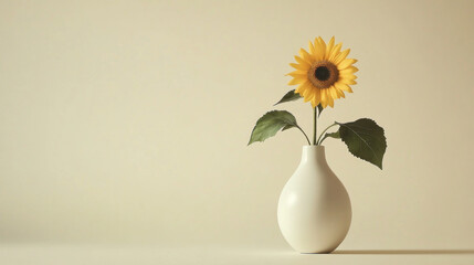 Single sunflower in a white vase against a beige background.