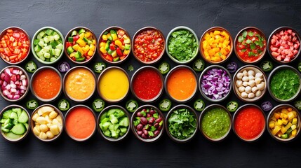 Colorful Bowls of Delicious Sauces and Relishes Perfect for Dipping and Flavor
