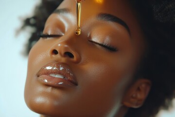 Skincare Portrait of a Black woman applying collagen serum for hydrated radiant skin with natural cosmetics Anti aging treatment