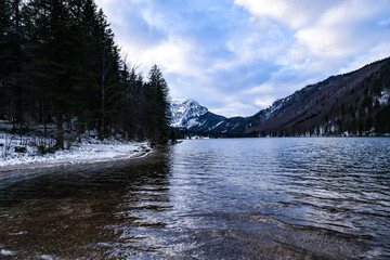 Panoramic view of the lake vorderer langbathsee near ebensee in the upper austrian region salzkammergut., Langbathsee zugefroren - Salzkammergut