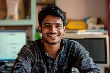 Smiling young Indian man in his office