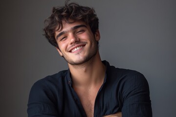 Fototapeta premium Smiling young man with arms crossed looking confident and satisfied from the side