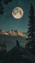 Majestic Wolf Silhouetted Against Full Moon Over Mountain Landscape