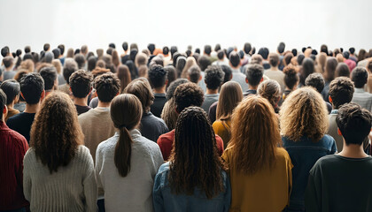 A large crowd of people standing closely together viewed from behind, with a diverse range of clothing and hairstyles visible against a transparent, isolated background