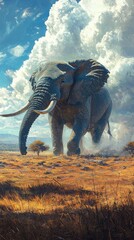 Fototapeta premium Majestic Elephant Walking Through Golden Grass Under Blue Sky