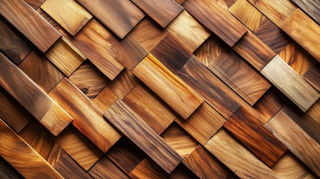 Close-up of interlocking wooden blocks in warm brown tones, forming a textured geometric pattern. Rustic and modern design concept. - Powered by Adobe