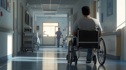 Person in Wheelchair in Hospital Corridor
