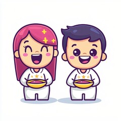 Happy Cartoon Girl and Boy Holding Bowls of Sweet Treats