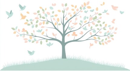 Pastel tree, birds flying, hill, spring, nature, design, illustration, gentle breeze, wall art, nursery
