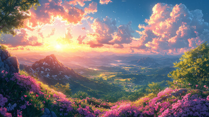 Majestic Sunset Over Mountain Valley Landscape With Flowers