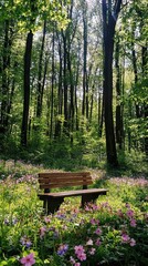 Naklejka premium Serene Wooden Bench Surrounded by Green Forest and Colorful Flowers