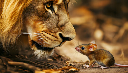 A lion and a mouse are gazing intently at one another in curiosity