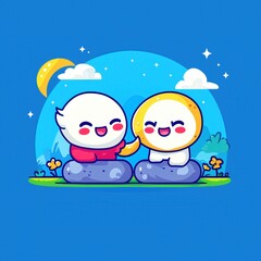 Naklejka premium Cute Cartoon Characters Enjoying Nighttime Under the Moon
