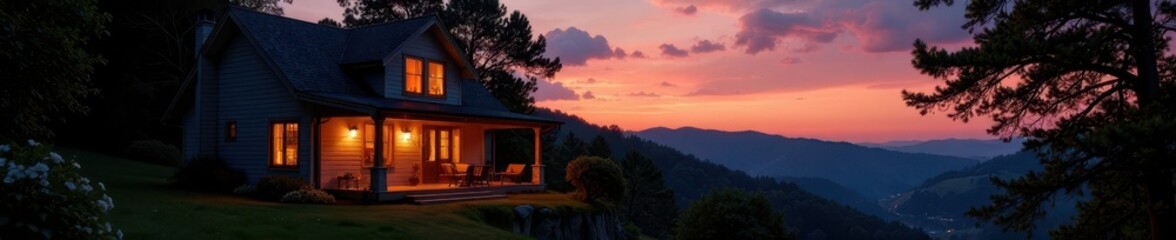 Fototapeta premium Soft glow of home lights casting a warm ambiance on a quiet evening at twilight, cozy, home interior, dusk