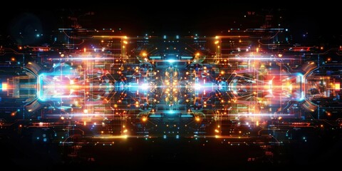 Fototapeta premium Vibrant futuristic circuit board. Dynamic reflections and bright lights illuminate a network symbolizing progress and digital innovation. Abstract design showcases technological advancement.