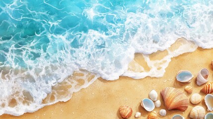 Ocean wave gently lapping sandy beach shore with seashells.