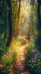 Obraz premium Serene Forest Pathway Illuminated by Sunlight and Wildflowers