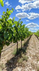 Naklejka premium Vine Rows Under Blue Sky with Fluffy Clouds in Agricultural Field