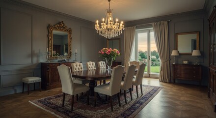 Fototapeta premium Elegant dining room with chandelier and antique furniture overlooking garden