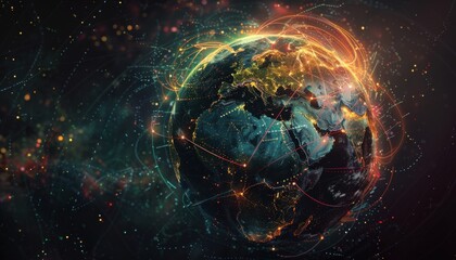 Obraz premium Global Network, A vibrant digital globe showcases the interconnected world. Bright lines illustrate the flow of information across continents. globally networked society.