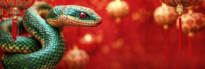 Obraz premium Green Snake Coiled Against Red and Gold Backdrop with Lanterns, Chinese 2025 New Year