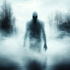Obraz premium A haunting atmosphere with a mysterious figure emerging through fog in a tranquil landscape, evoking eerie emotions.