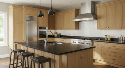 Modern kitchen with wooden cabinets and island